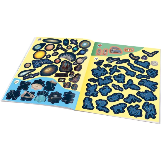 Samolepkový sešit pro děti - Vesmír: Jak? Proč? Co? – barevná obálka s raketou, planetami a astronauty, obsahující 300+ samolepek a vesmírné úkoly