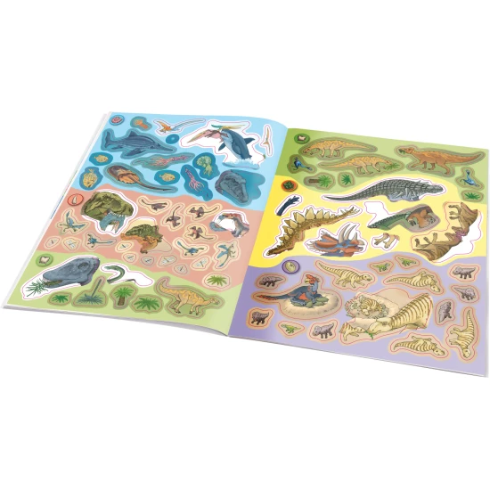 Samolepkový sešit pro děti – Dinosauři: Jak? Proč? Co? – barevná obálka s dinosaury, sopkami a 300+ samolepkami pro dotváření scén a úkolů