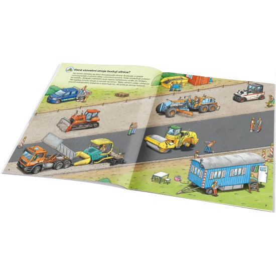 Samolepkový sešit pro děti – Stavební stroje: Jak? Proč? Co? – barevná obálka se stroji jako bagr, míchačka a jeřáb, obsahuje 300+ samolepek a úloh