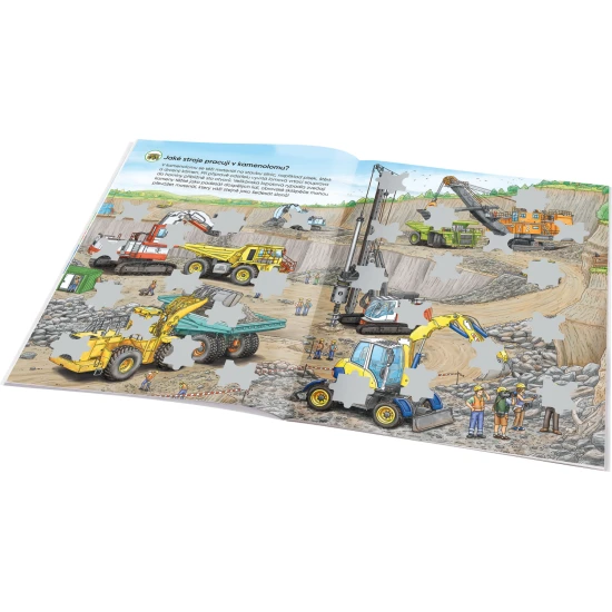 Samolepkový sešit pro děti – Stavební stroje: Jak? Proč? Co? – barevná obálka se stroji jako bagr, míchačka a jeřáb, obsahuje 300+ samolepek a úloh