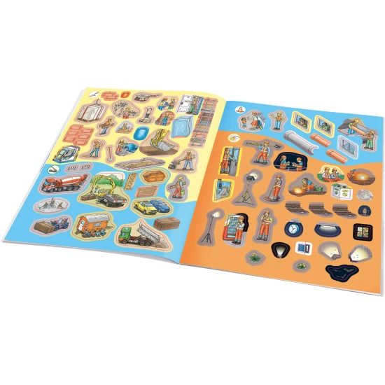 Samolepkový sešit pro děti – Stavební stroje: Jak? Proč? Co? – barevná obálka se stroji jako bagr, míchačka a jeřáb, obsahuje 300+ samolepek a úloh