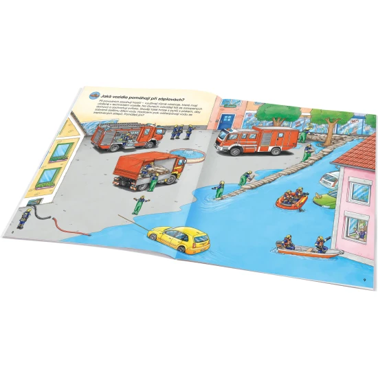 Ella a Max Můj první samolepkový sešit Zásahová vozidla Samolepkový sešit pro děti – Zásahová vozidla: Jak? Proč? Co? – obálka s hasičským autem, policejním vozidlem a sanitkou, 300+ samolepek