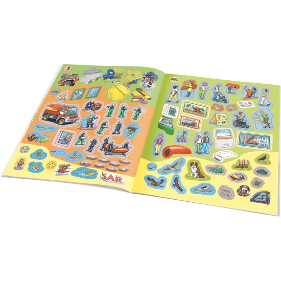 Ella a Max Můj první samolepkový sešit Zásahová vozidla Samolepkový sešit pro děti – Zásahová vozidla: Jak? Proč? Co? – obálka s hasičským autem, policejním vozidlem a sanitkou, 300+ samolepek