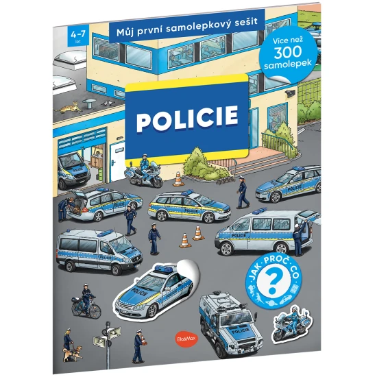 Samolepkový sešit pro děti - Policie: Jak? Proč? Co? – barevná obálka a samolepky s policajty, auty a scénami z každodenního života policie