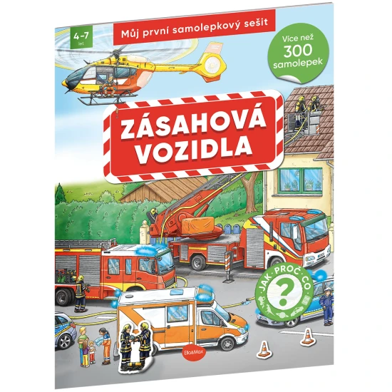 Samolepkový sešit pro děti – Zásahová vozidla: Jak? Proč? Co? – obálka s hasičským autem, policejním vozidlem a sanitkou, 300+ samolepek