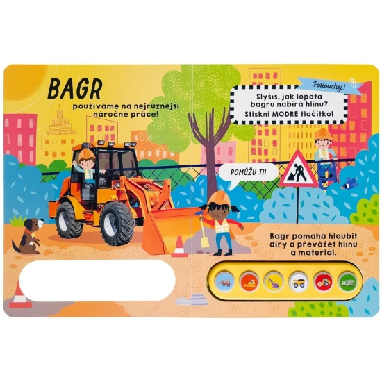 Připoj se k dělníkům a dělnicím na stavbě v této nápadité zvukové knize s barevnými svítícími tlačítky.