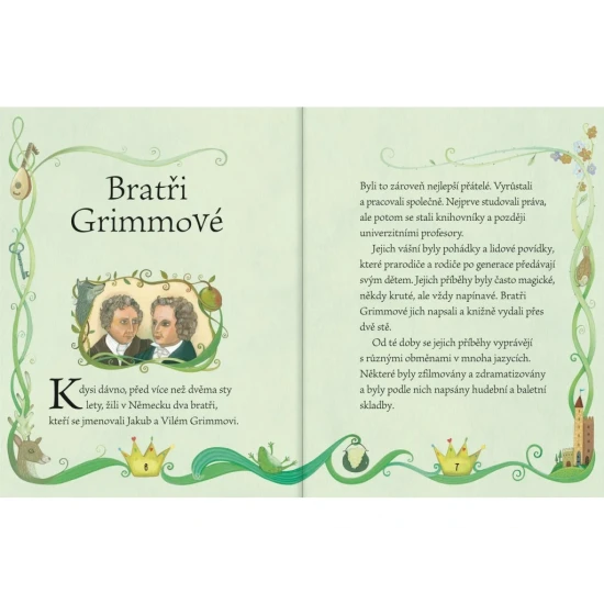 Kniha plná pohádek se znázorněním klasických postav jako Červená Karkulka, Popelka a Malá mořská víla, obklopená barevnými ilustracemi.