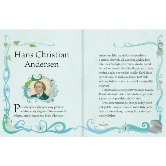 Kniha plná pohádek se znázorněním klasických postav jako Červená Karkulka, Popelka a Malá mořská víla, obklopená barevnými ilustracemi.