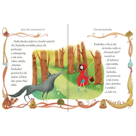 Kniha plná pohádek se znázorněním klasických postav jako Červená Karkulka, Popelka a Malá mořská víla, obklopená barevnými ilustracemi.