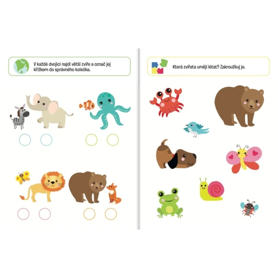 Děti se učí a hrají s knihou aktivit Zvířata 5+ - rozvoj jemné motoriky a logického myšlení.
