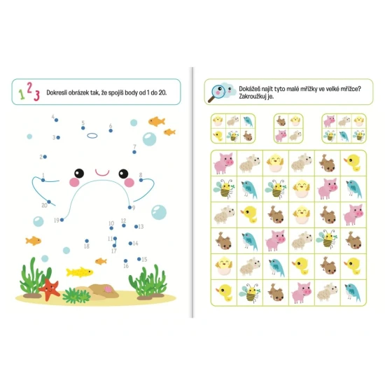 Děti se učí a hrají s knihou aktivit Zvířata 5+ - rozvoj jemné motoriky a logického myšlení.