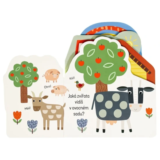 Leporelo o farmě: Každá stránka skrývá nová zvířata a předměty, které děti mohou objevovat.