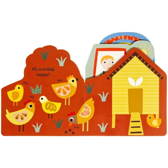 Leporelo o farmě: Každá stránka skrývá nová zvířata a předměty, které děti mohou objevovat.