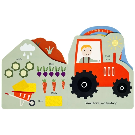 Leporelo o farmě: Každá stránka skrývá nová zvířata a předměty, které děti mohou objevovat.