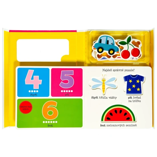 Dětská kniha s puzzle: Seznamování dětí s čísly a předměty.