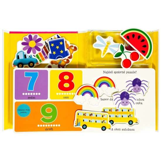 Dětská kniha s puzzle: Seznamování dětí s čísly a předměty.