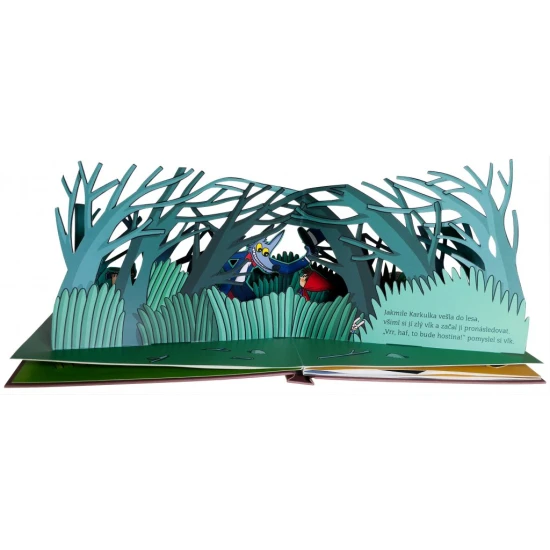 Klasická pohádka Červená karkulka v krásné rozkládací knížce. Postavičky a kulisy vystupují do popředí.