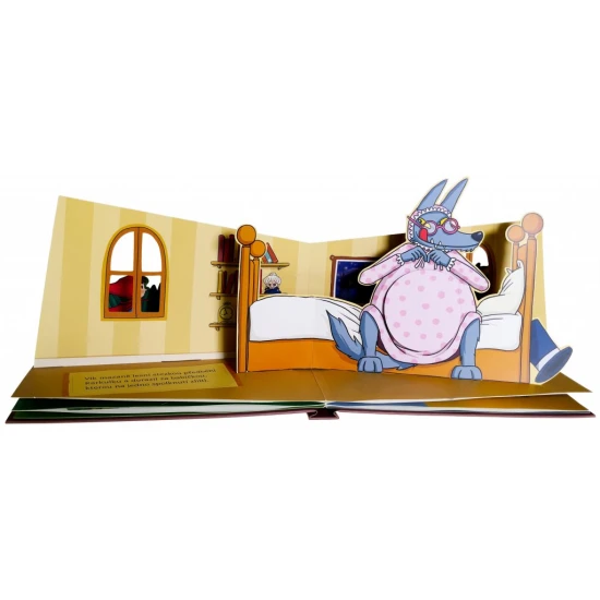 Klasická pohádka Červená karkulka v krásné rozkládací knížce. Postavičky a kulisy vystupují do popředí.