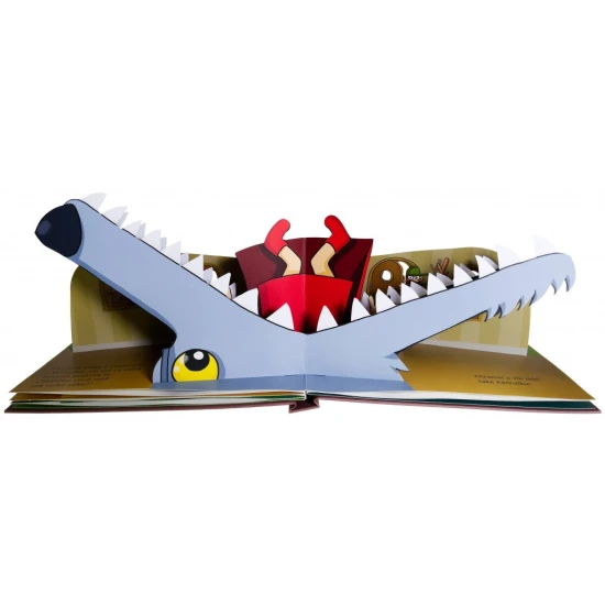 Klasická pohádka Červená karkulka v krásné rozkládací knížce. Postavičky a kulisy vystupují do popředí.