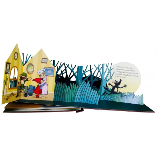 Klasická pohádka Červená karkulka v krásné rozkládací knížce. Postavičky a kulisy vystupují do popředí.