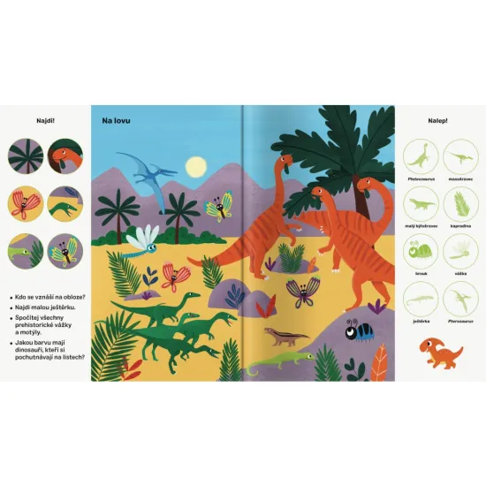 Objevuj dinosaury. Čeká tě víc než 101 obrázků - některé k hledání, jiné k dolepení.