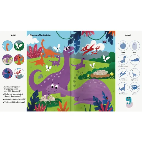 Objevuj dinosaury. Čeká tě víc než 101 obrázků - některé k hledání, jiné k dolepení.
