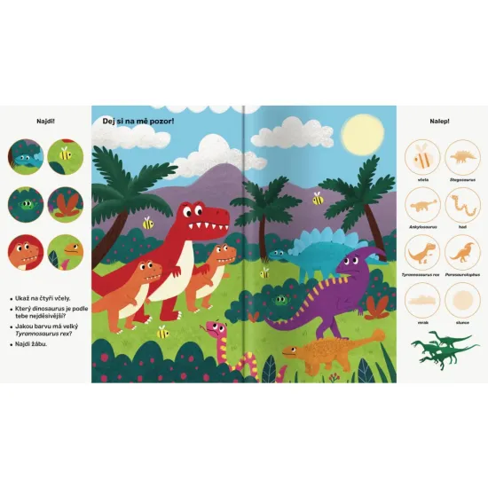 Objevuj dinosaury. Čeká tě víc než 101 obrázků - některé k hledání, jiné k dolepení.
