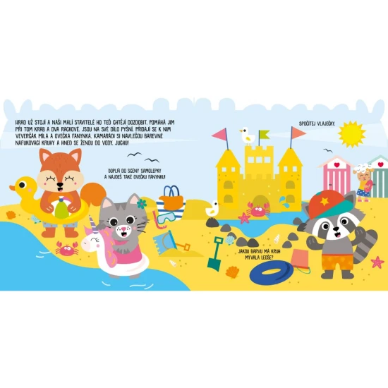 Připojte se k mývalovi a kamarádům při výletu na pláž a zažijte den plný her a barevných samolepek.