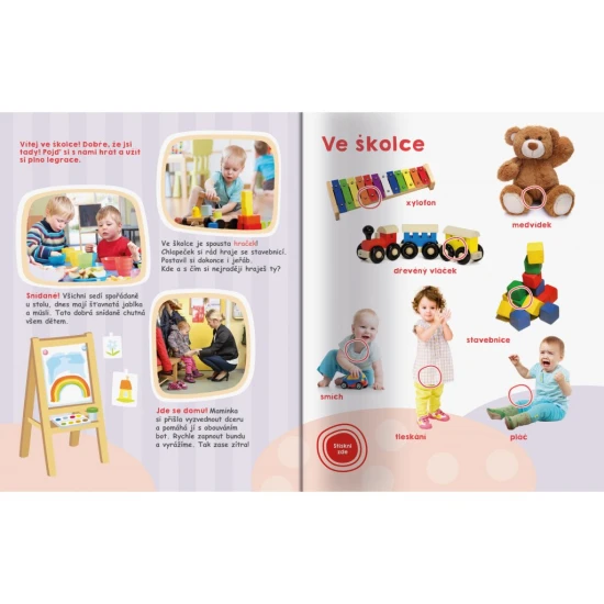 Moje velká kniha Zvuky kolem nás. V této knize stisknutím tlačítka objevuj 45 zvuků z různých tematicky řazených prostředí kolem nás.