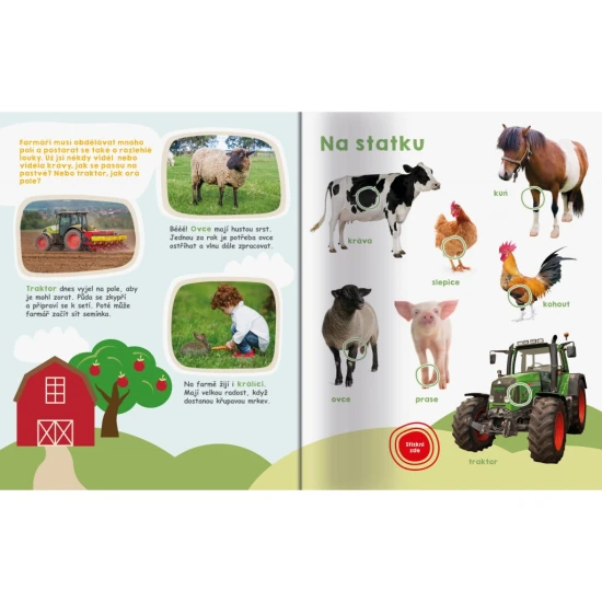 Moje velká kniha Zvuky kolem nás. V této knize stisknutím tlačítka objevuj 45 zvuků z různých tematicky řazených prostředí kolem nás.