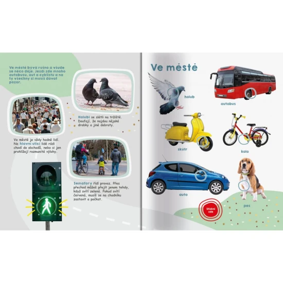 Moje velká kniha Zvuky kolem nás. V této knize stisknutím tlačítka objevuj 45 zvuků z různých tematicky řazených prostředí kolem nás.