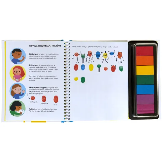 Pusťte se s dětmi do hrátek s otisky prstů - stačí odklopit víčko z barevných inkoustových polštářků a zaplnit úkoly v knize vlastními výtvory.
