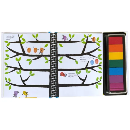 Pusťte se s dětmi do hrátek s otisky prstů - stačí odklopit víčko z barevných inkoustových polštářků a zaplnit úkoly v knize vlastními výtvory.