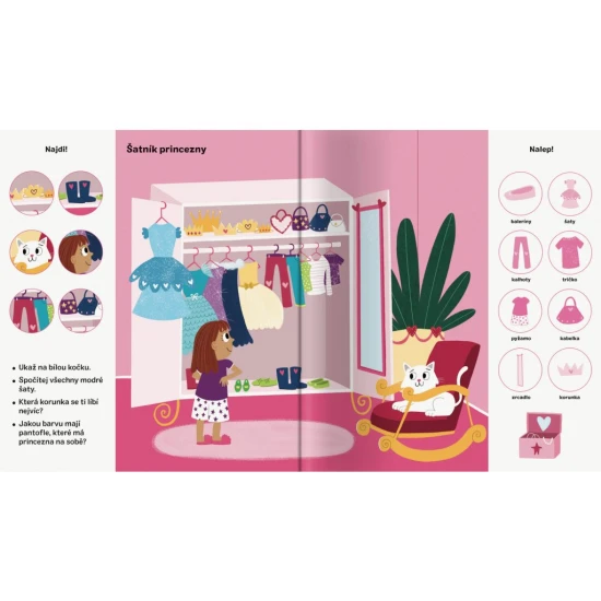 Poznej princezny a jejich každodenní život. Čeká tě víc než 101 obrázků - některé k hledání, jiné k dolepení.