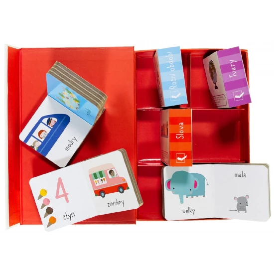 Tato sada obsahuje šest malých roztomilých leporel. Dítě se zábavnou formou naučí barvy, roční období, tvary, protiklady a další slůvka!