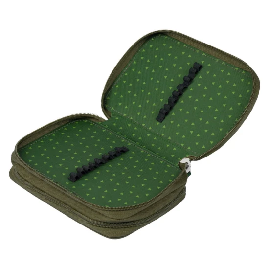 Dvoupatrový školní penál s motivem dinosaura, s praktickými poutky a kapsou na drobnosti.