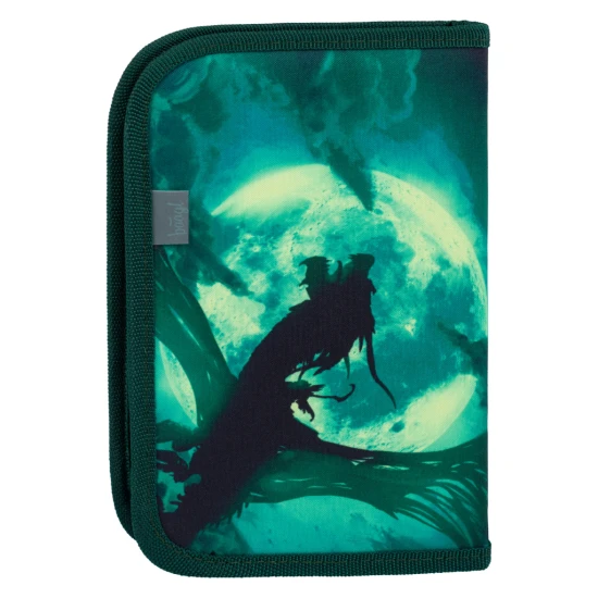 Jednopatrový školní penál s motivem draka, s praktickými poutky a kapsou na drobnosti.