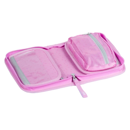 Jednopatrový školní penál s motivem kolibříka, s praktickými poutky a kapsou na drobnosti.