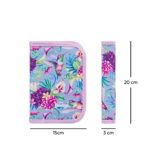 Jednopatrový školní penál s motivem kolibříka, s praktickými poutky a kapsou na drobnosti.