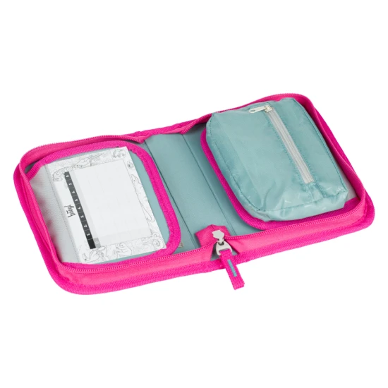 Jednopatrový školní penál s motivem plameňáků, s praktickými poutky a kapsou na drobnosti.