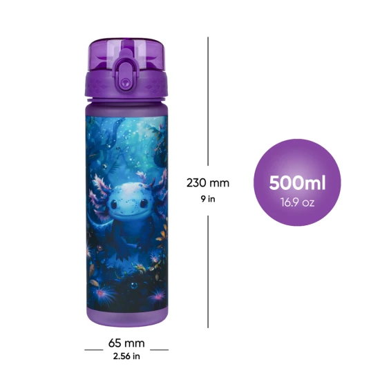Tritanová láhev na pití Axolotl 500 ml s praktickým uzávěrem a veselým motivem.