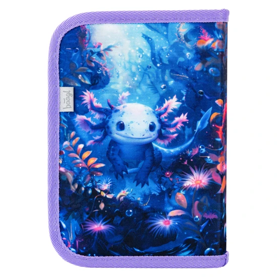 Jednopatrový školní penál s motivem axolotla, s praktickými poutky a kapsou na drobnosti.