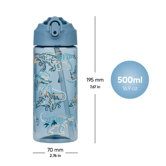 Tritanová láhev na pití s brčkem Dino 500 ml, BPA-free, praktická a odolná pro školáky a sportovce.