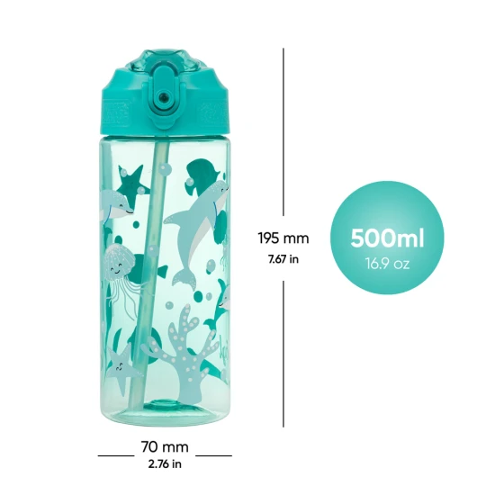Tritanová láhev na pití s brčkem Delfín 500 ml, BPA-free, praktická a odolná pro školáky a sportovce.