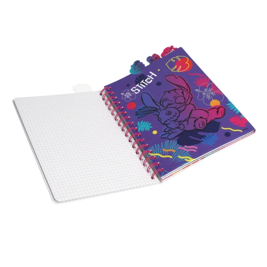 Zápisník A5 Stitch Black se spirálou, záložkami a čtverečkovými stranami