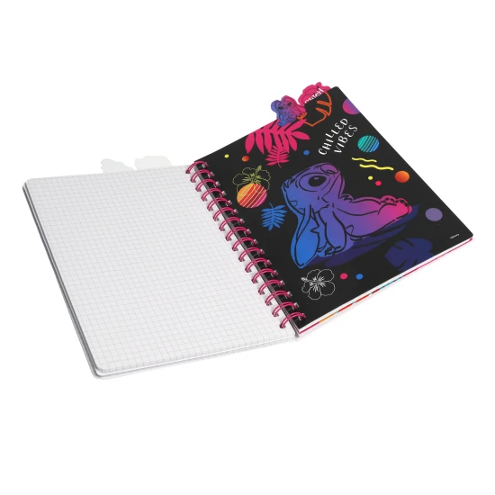 Zápisník A5 Stitch Black se spirálou, záložkami a čtverečkovými stranami