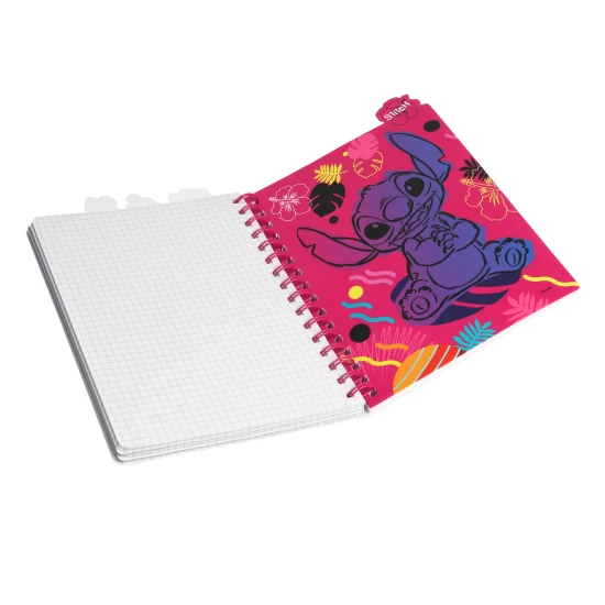 Zápisník A5 Stitch Black se spirálou, záložkami a čtverečkovými stranami