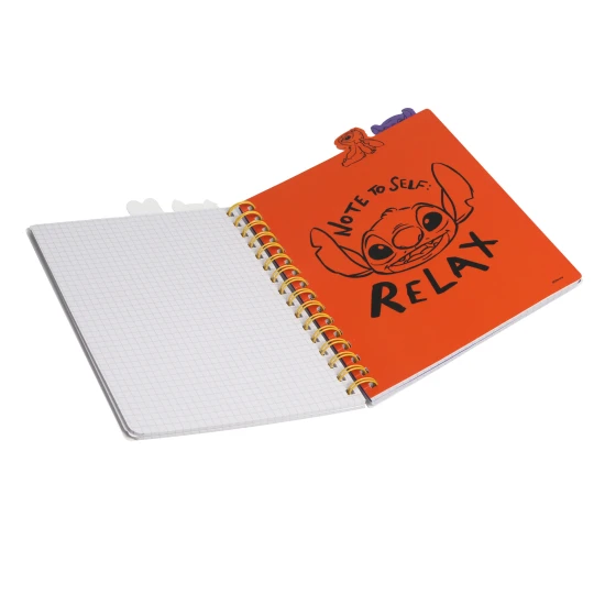 Zápisník A5 Stitch Black se spirálou, záložkami a čtverečkovými stranami