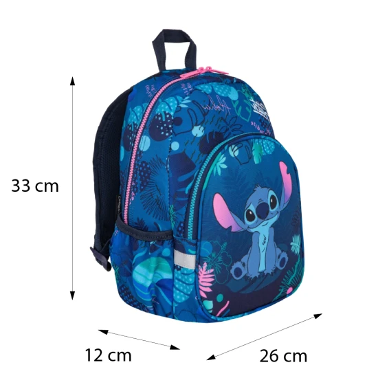 Dětský batoh Toby Stitch Blue s polohovatelnými ramenními popruhy a bezpečnostní píšťalkou.