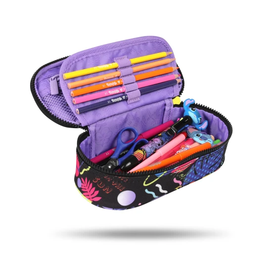 Penál Campus Stitch Black – praktický organizér s gumičkami na psací potřeby a síťovou kapsou na zip.